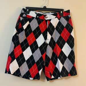 Royal and Awesome Shorts Men's 32 Red Argyle Golf Shorts Fun Diamond Bermuda Cl